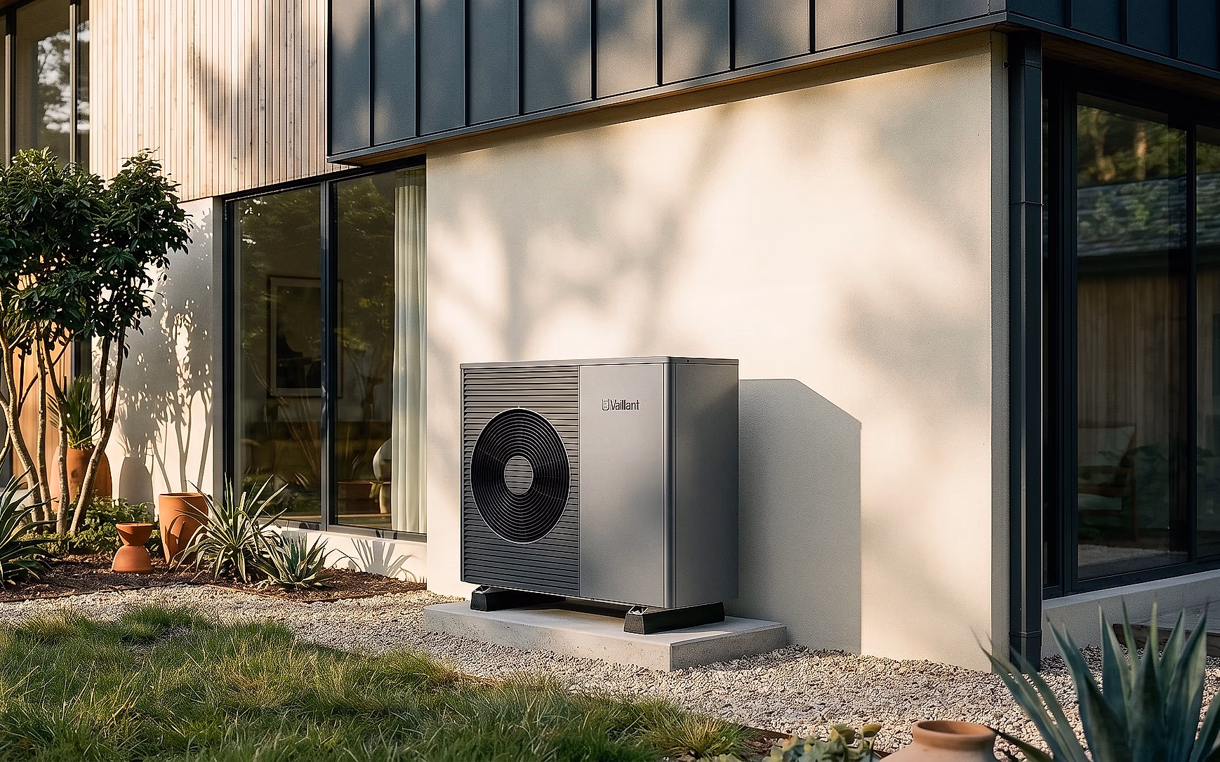 An air source heat pump beside a UK home