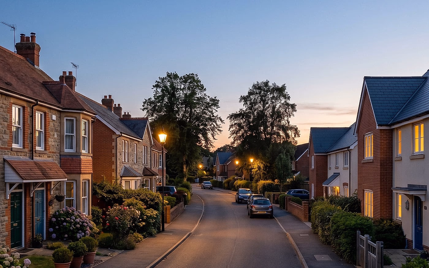 A street of typical UK terraced homes