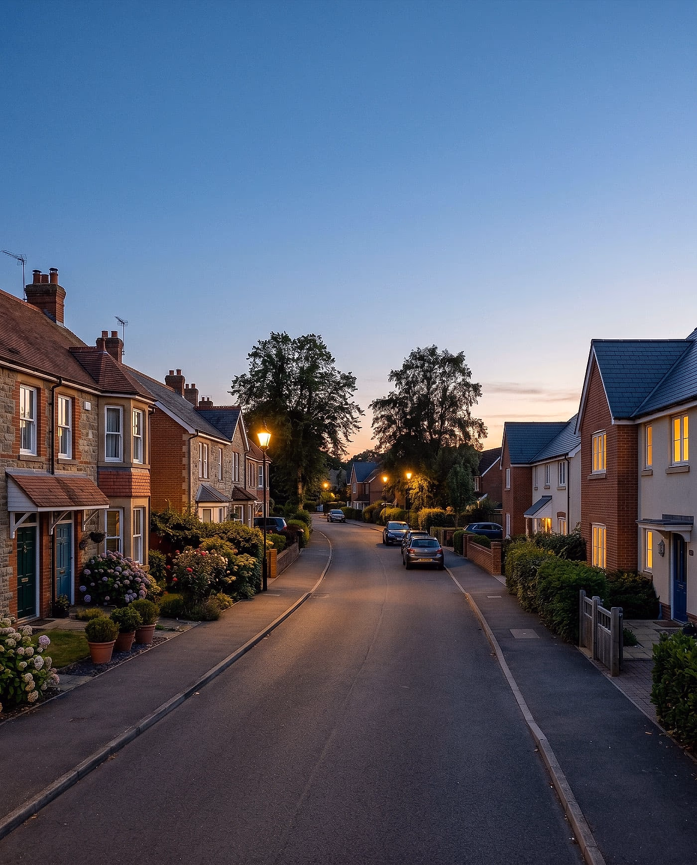 A quiet British residential street at dusk, homes warmly lit